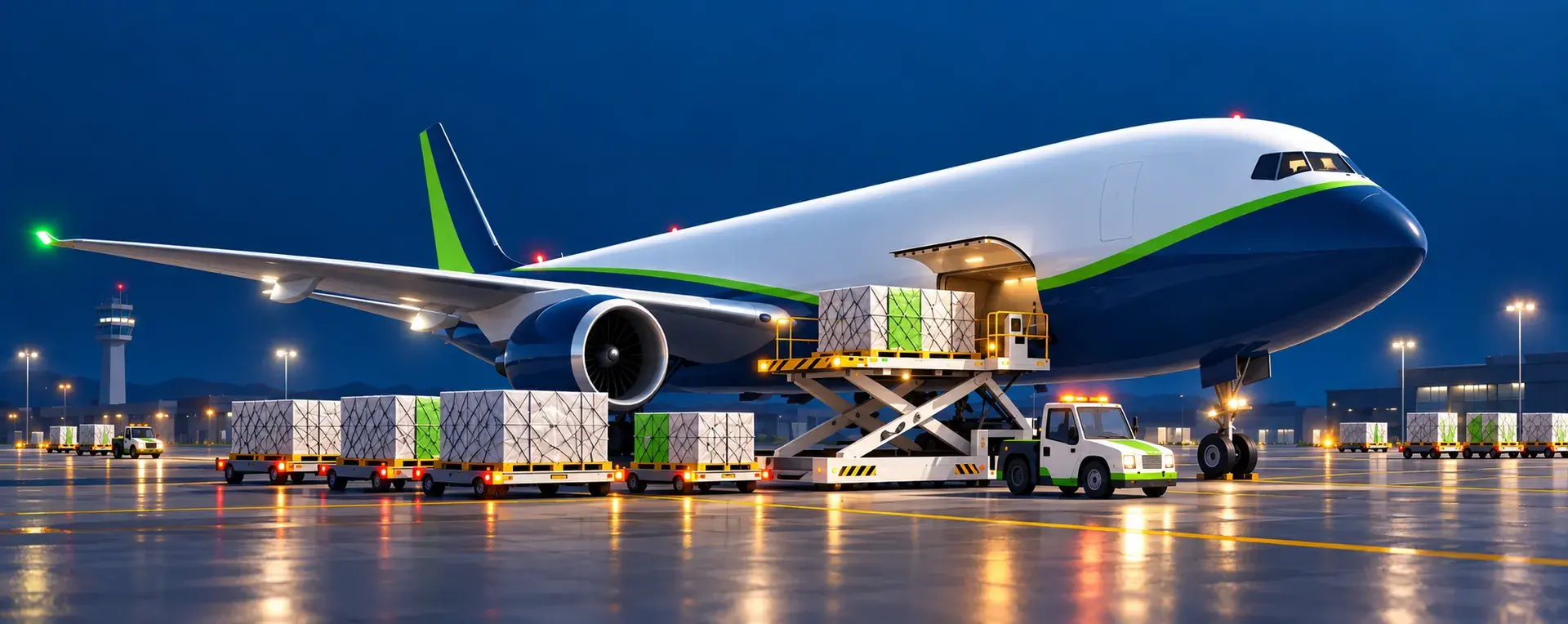 Cargo being loaded onto a freight aircraft