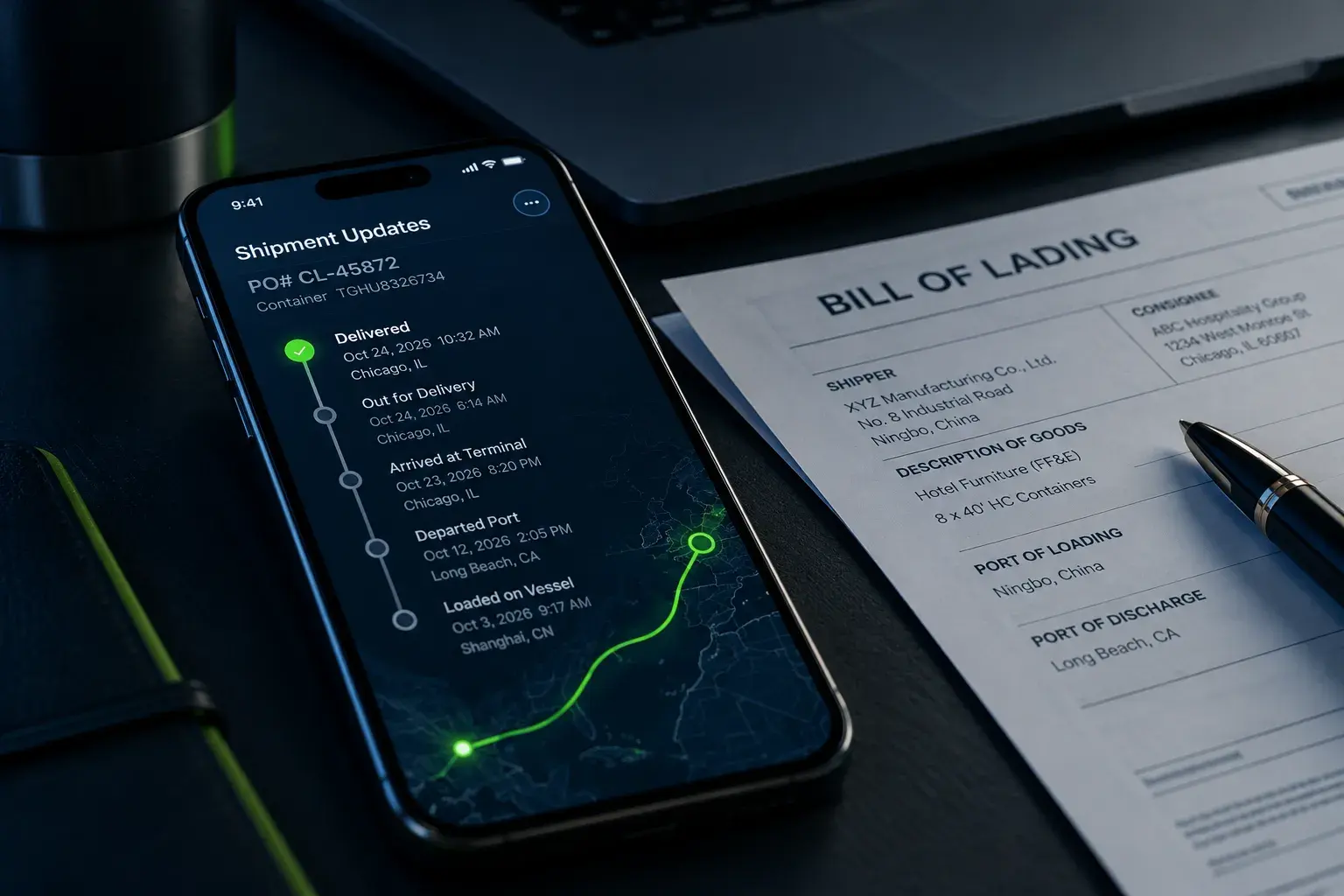 Shipment updates on a phone beside a bill of lading
